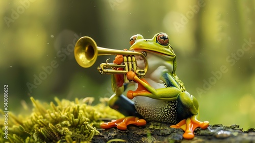 A green frog with orange feet plays a golden trumpet in a forest setting. photo