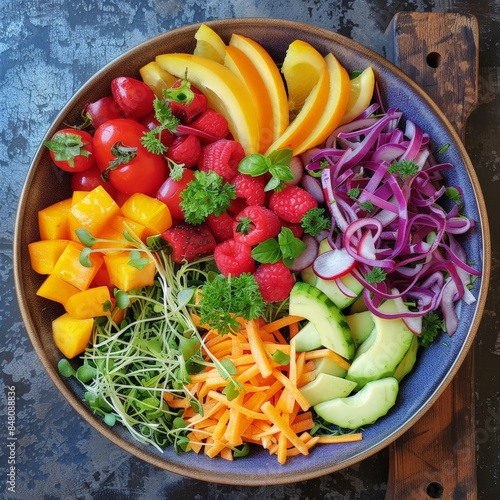 A vibrant salad with a variety of colorful vegetables and fruits. Job ID: 76f5dd69-ea27-4cf8-87df-b002304db50a photo