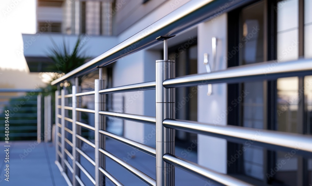 Close-up of a stainless steel railing on a modern balcony, with selective focus and blurred background.