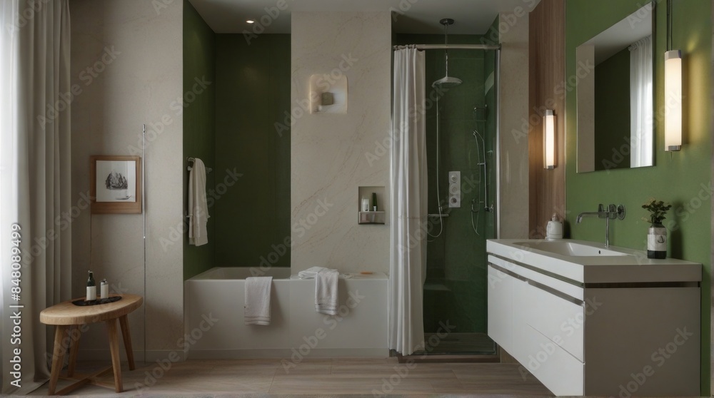 Modern bathroom with green accent wall and double sink vanity Modern bathroom with green accent wall and double sink vanity