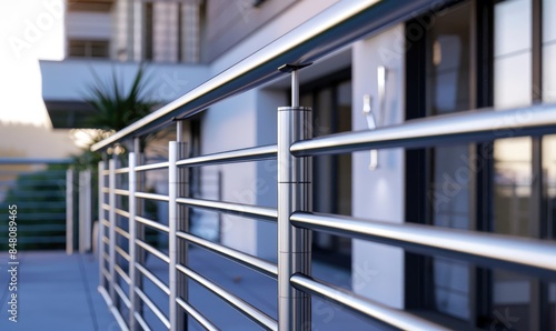 Obraz na płótnie Close-up of a stainless steel railing on a modern balcony, with selective focus and blurred background. w salonie