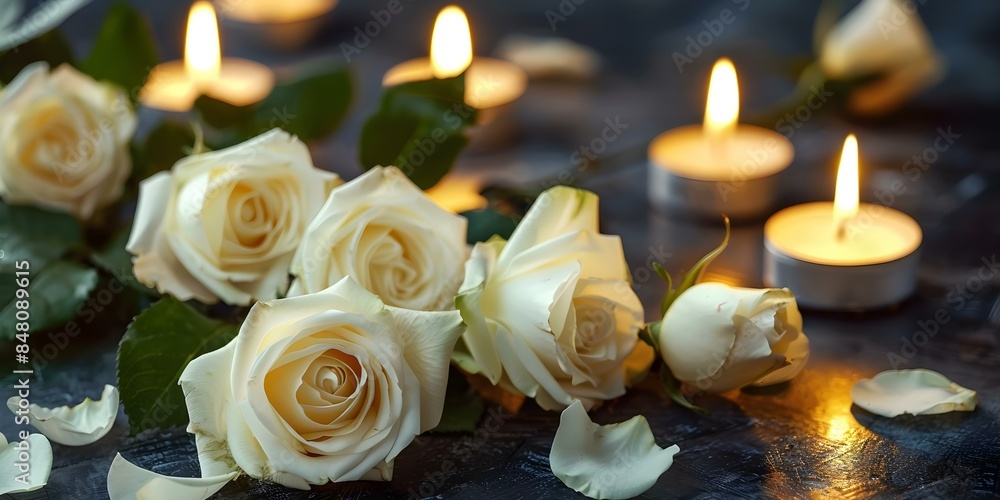Obraz premium Sympathy Card Featuring White Roses and Candlelight for a Serene Funeral Background. Concept Funeral Tribute, White Roses, Candlelight, Sympathy Card, Serene Background