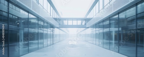 Spacious and modern office building with symmetrical design features  glass facades  and minimalist trees.