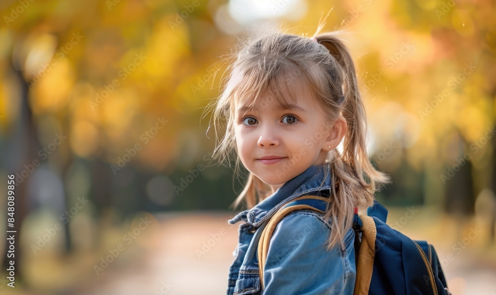 A young girl with a backpack smiling warmly on an autumn day surrounded by fall foliage. A young girl with a backpack smiling warmly on an autumn day surrounded by fall foliage.