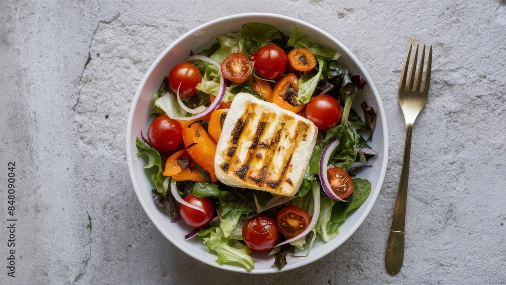 Vegetable salad cherry tomatoes, baked pepper, salad mix and onion with grilled haloumi (halloumi) cheese. Keto diet, healthy food. Light grey stone background. Top view. Vegetable salad cherry tomatoes, baked pepper, salad mix and onion with grilled haloumi (halloumi) cheese. Keto diet, healthy food. Light grey stone background. Top view.