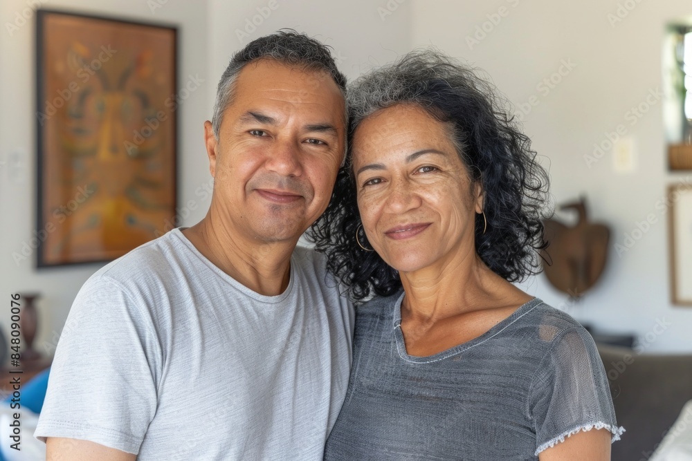 Portrait of a tender mixed race couple in their 50s dressed in a casual t-shirt over crisp minimalistic living room Portrait of a tender mixed race couple in their 50s dressed in a casual t-shirt over crisp minimalistic living room