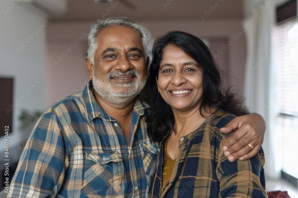 Portrait of a satisfied indian couple in their 50s wearing a comfy flannel shirt isolated in crisp minimalistic living room Portrait of a satisfied indian couple in their 50s wearing a comfy flannel shirt isolated in crisp minimalistic living room