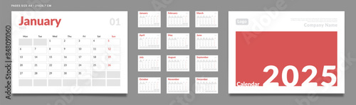 Set of 2025 Calendar Planner Template Pages Monthly, Cover with Place for Photo and Company Logo. Vector layout of a wall or desk calendar with week start Monday for printing. Page size A4-21x29.7cm