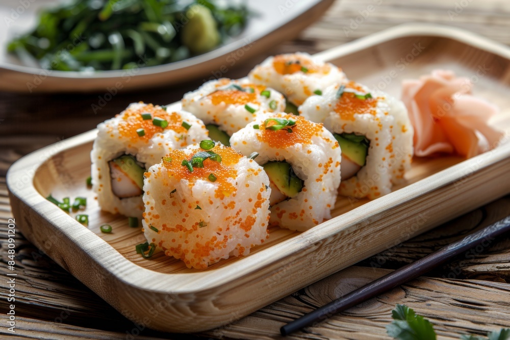 Plated Sushi Rolls with Roe and Pickled Ginger Plated Sushi Rolls with Roe and Pickled Ginger