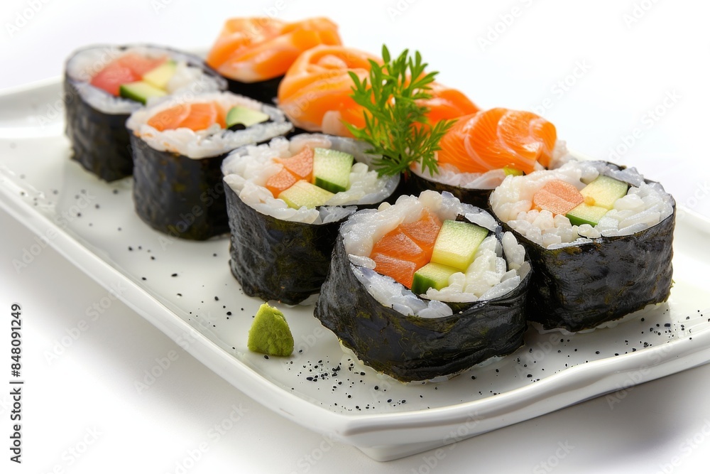 Japanese Sushi Roll and Sashimi on White Platter Japanese Sushi Roll and Sashimi on White Platter