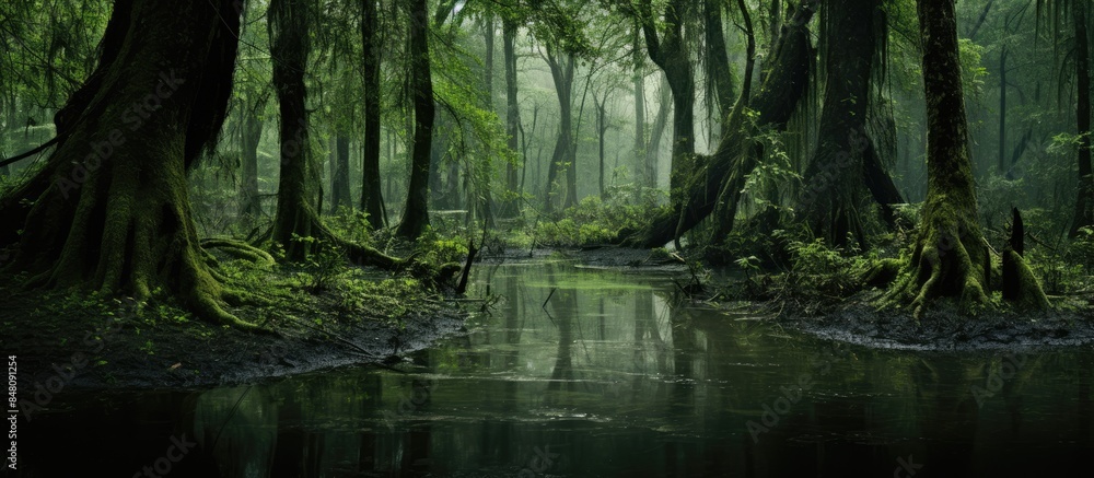Artificial swamp in the park. Creative banner. Copyspace image Artificial swamp in the park. Creative banner. Copyspace image