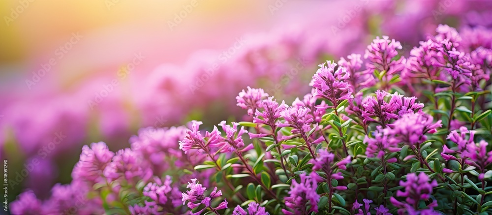Obraz premium Thyme Thymus vulgaris plant growing in the herb garden. Creative banner. Copyspace image