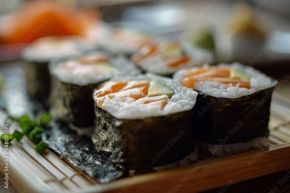 Sushi Rolls with Salmon on Bamboo Mat Sushi Rolls with Salmon on Bamboo Mat