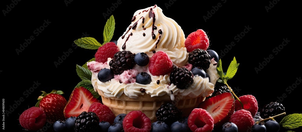 Closeup of sweet ice cream with fresh berry fruits. Creative banner. Copyspace image