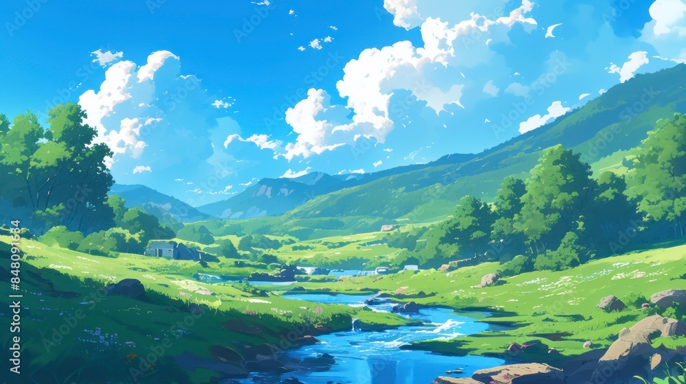Expansive mountain vistas under a pristine blue sky, featuring a winding river and verdant trees that add a touch of tranquility to the scene. Expansive mountain vistas under a pristine blue sky, featuring a winding river and verdant trees that add a touch of tranquility to the scene.