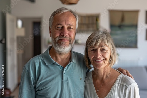 Portrait of a content couple in their 50s wearing a breathable golf polo on crisp minimalistic living room