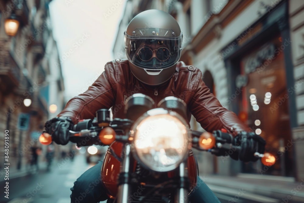 Rider in urban street on motorcycle Rider in urban street on motorcycle