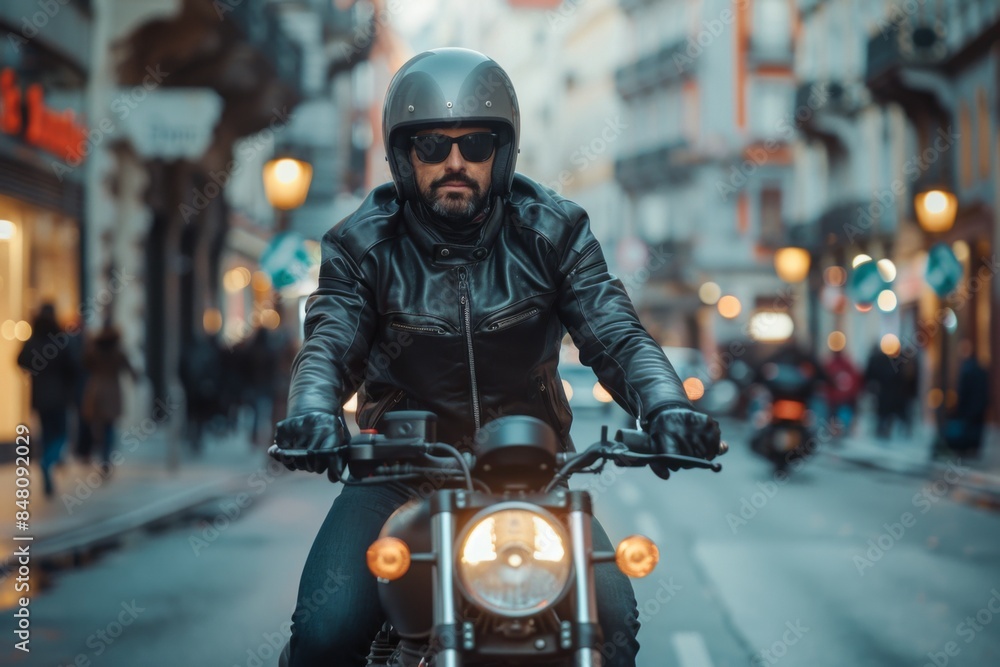 Motorcyclist Riding Through Urban Street Motorcyclist Riding Through Urban Street