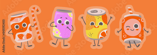 Cartoon soda cans with happy faces.