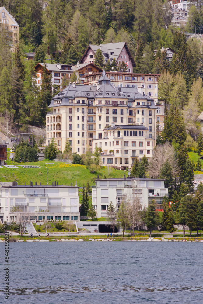 View of the Alpine resort town St. Moritz. It is Upper Engadine's major town in the administrative region of Maloja in the Swiss canton of Graubünden. View of the Alpine resort town St. Moritz. It is Upper Engadine's major town in the administrative region of Maloja in the Swiss canton of Graubünden.