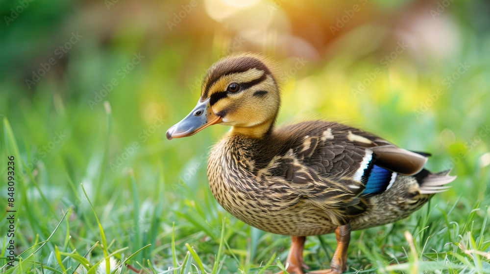 Close-up of yellow little duck on the green grass Close-up of yellow little duck on the green grass