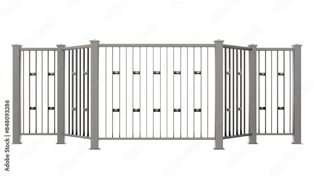 Elevate your design with this 3D illustration of a grey ironwork balustrade. It seamlessly blends modern and Indochine architectural styles (isolated background). Elevate your design with this 3D illustration of a grey ironwork balustrade. It seamlessly blends modern and Indochine architectural styles (isolated background).