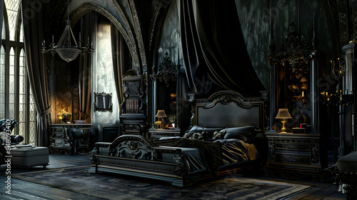A dramatic, gothic bedroom with dark colors, ornate furniture, and intricate detailing