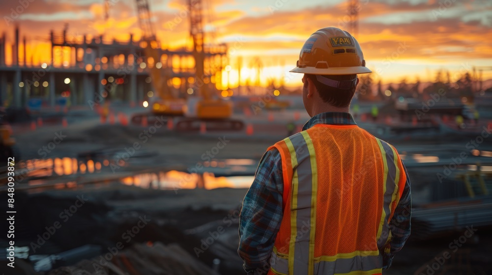 Construction worker overlooking city at sunset Construction worker overlooking city at sunset