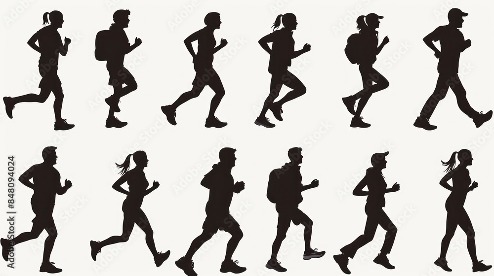 An assortment of refined black silhouettes showcasing people running, each conveying a sense of movement and energy in their form. An assortment of refined black silhouettes showcasing people running, each conveying a sense of movement and energy in their form.