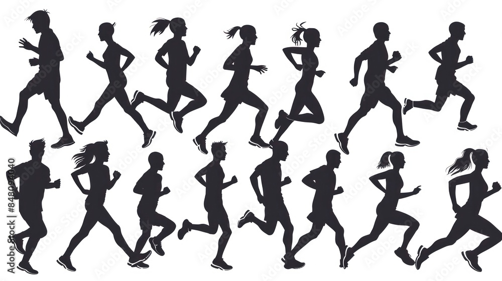 A selection of polished black silhouettes illustrating the fluid motion of individuals engaged in running exercises, perfect for various design applications. A selection of polished black silhouettes illustrating the fluid motion of individuals engaged in running exercises, perfect for various design applications.