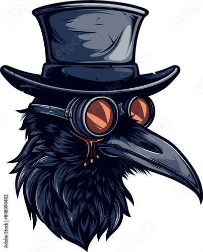 This digital illustration features a crow with a vintage top hat and steampunk-style goggles against a dark background, Adobe Illustrator Artwork
