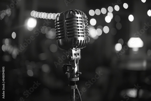 Vintage Microphone on Stage with Bokeh Lights photo