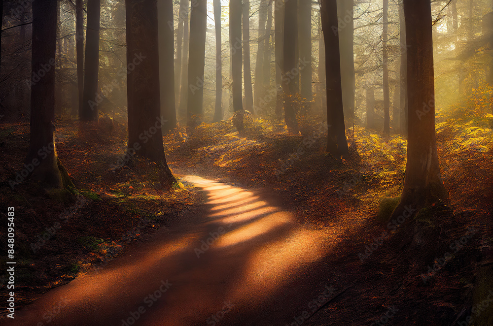 Fototapeta premium 木, 森, 山, 道, 山道, 林, 植物, 草, 光, 曇り, かすみ, tree, forest, mountain, path, mountain road, plant, grass, light, cloudy, haze