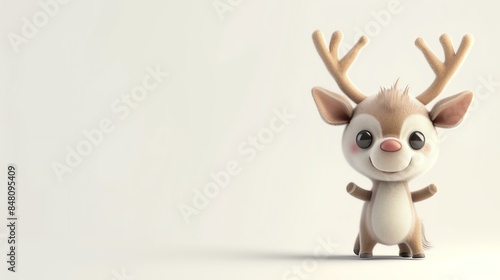 3D rendering of a cute and friendly cartoon reindeer. The reindeer has light brown fur, big round black eyes, a pink nose, and small antlers.