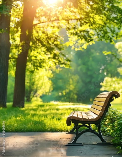 Fototapeta Naklejka Na Ścianę i Meble -  park bench in gentle sunshine and green park in the background