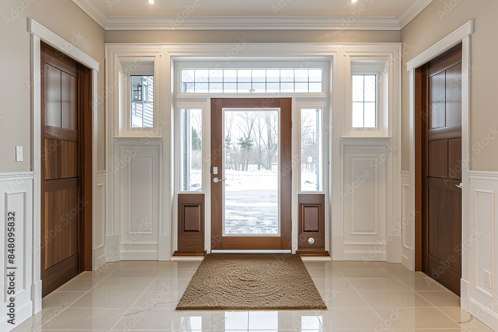 Doors for modern interior. Closed wooden door, in the empty hall. Front door entrance to grand house. Element of apartment design. Countryside cottage double front wood entry Doors with glass panels Doors for modern interior. Closed wooden door, in the empty hall. Front door entrance to grand house. Element of apartment design. Countryside cottage double front wood entry Doors with glass panels