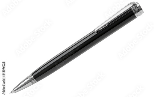 A black pen with silver accents rests on a white surface