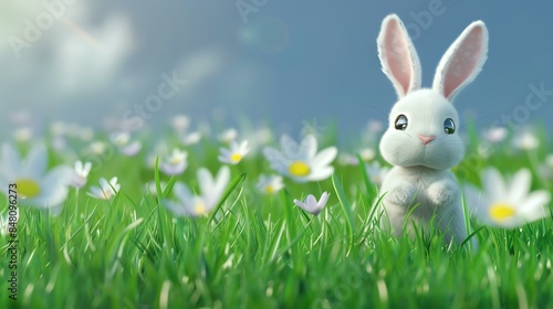 Cute white bunny rabbit standing in a green field of grass and flowers. The rabbit is looking at the camera with a curious expression. © Farm
