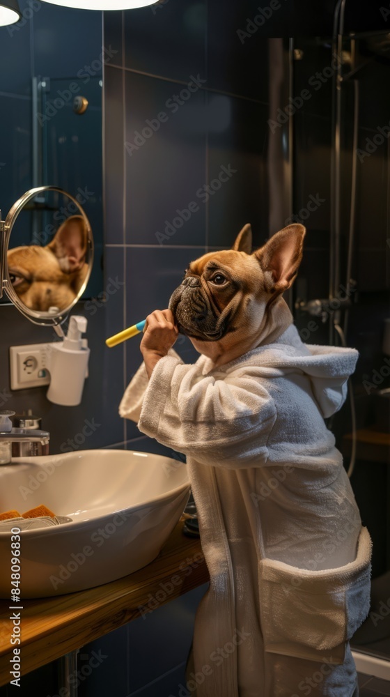 An anthropomorphic sleepless french bulldog dressed in luxury monogramed bathrobe, brushes his teeth with a brush, stands like a person in front of the sink and looks in the mirror