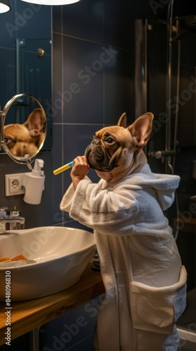 Obraz na płótnie An anthropomorphic sleepless french bulldog dressed in luxury monogramed bathrobe, brushes his teeth with a brush, stands like a person in front of the sink and looks in the mirror w salonie
