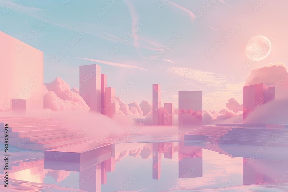 3D render of a surreal landscape with pastel tones, abstract geometric buildings, soft gradient sky, dreamlike and minimalistic design 3D render of a surreal landscape with pastel tones, abstract geometric buildings, soft gradient sky, dreamlike and minimalistic design