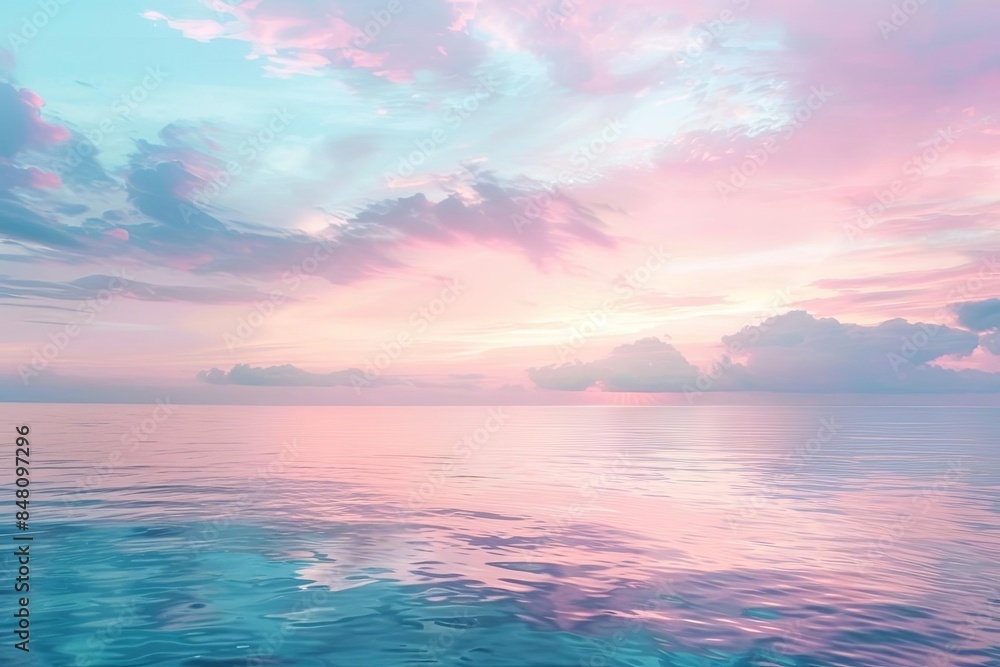 Obraz premium Pastel summer sunset over the ocean, sky filled with shades of soft pink, lavender, and baby blue, calm sea reflecting the pastel colors, serene and soothing scene