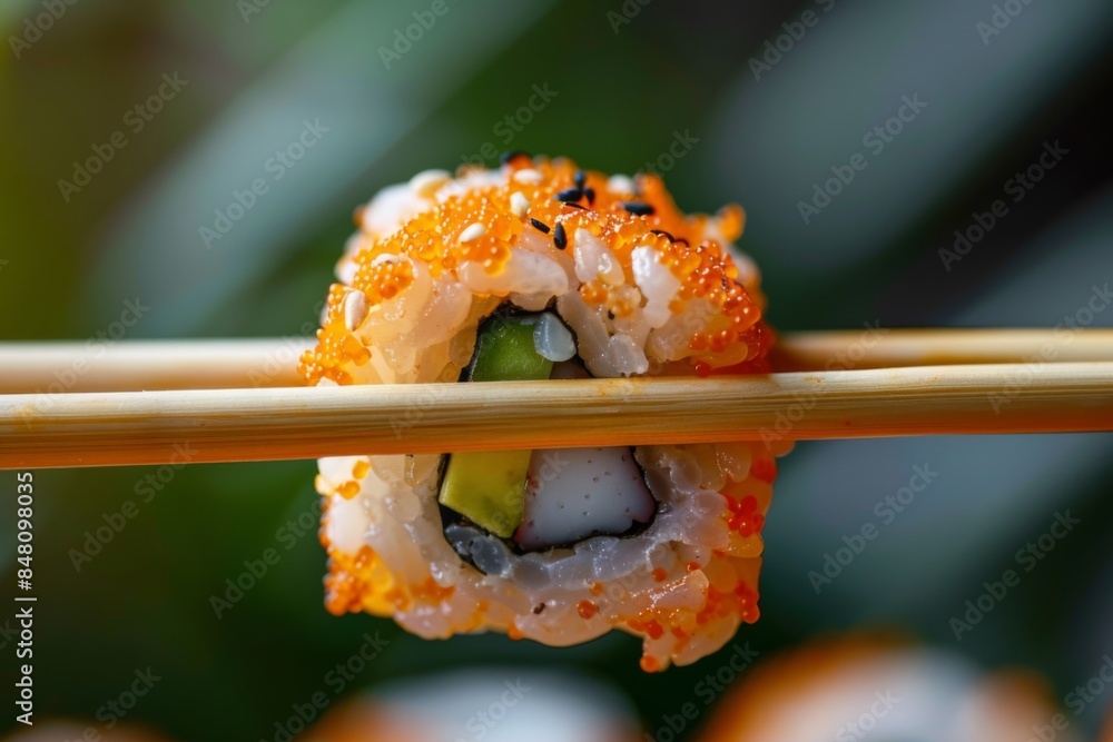 Close-up of a Sushi Roll with Chopsticks Close-up of a Sushi Roll with Chopsticks