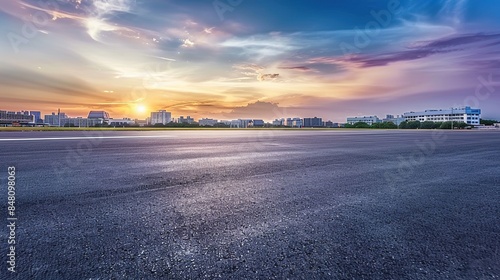 Sunset Over Cityscape with Empty Asphalt Road