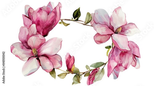 Magnolia flower wreath depicted in a watercolor style Total magnolia plant Watercolor wildflower for background texture wrapping design frame or border © AkuAku