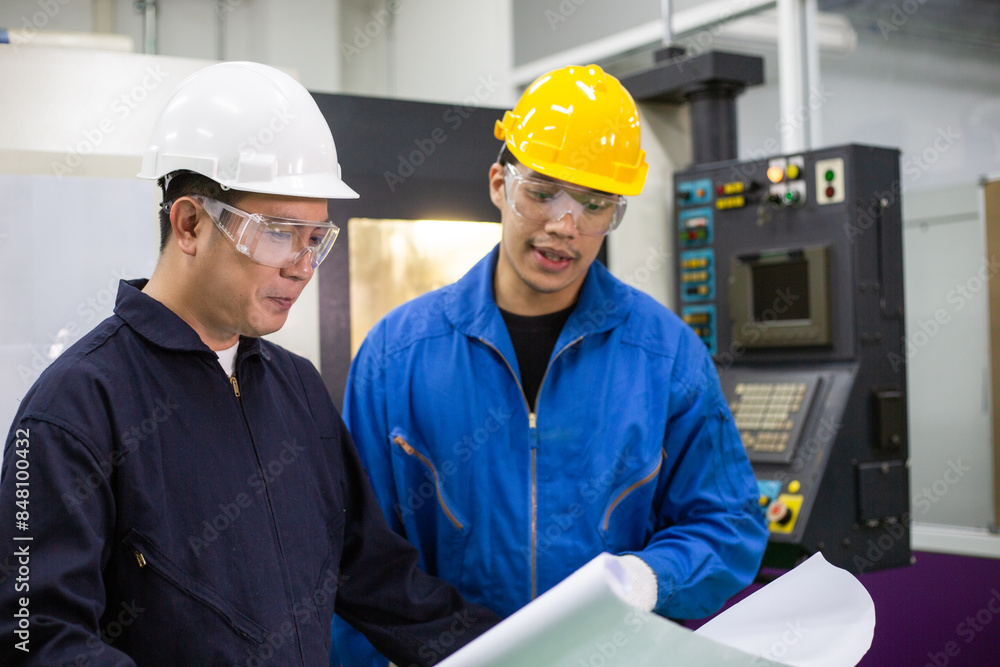 Asian man engineer worker discuss about factory project on planning paper with foreman at industrial plant industry. teamwork corporate people concept Asian man engineer worker discuss about factory project on planning paper with foreman at industrial plant industry. teamwork corporate people concept