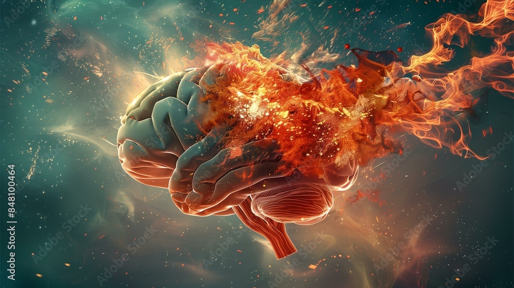 human brain on fire with flames exploding out, memory neuroscience ...
