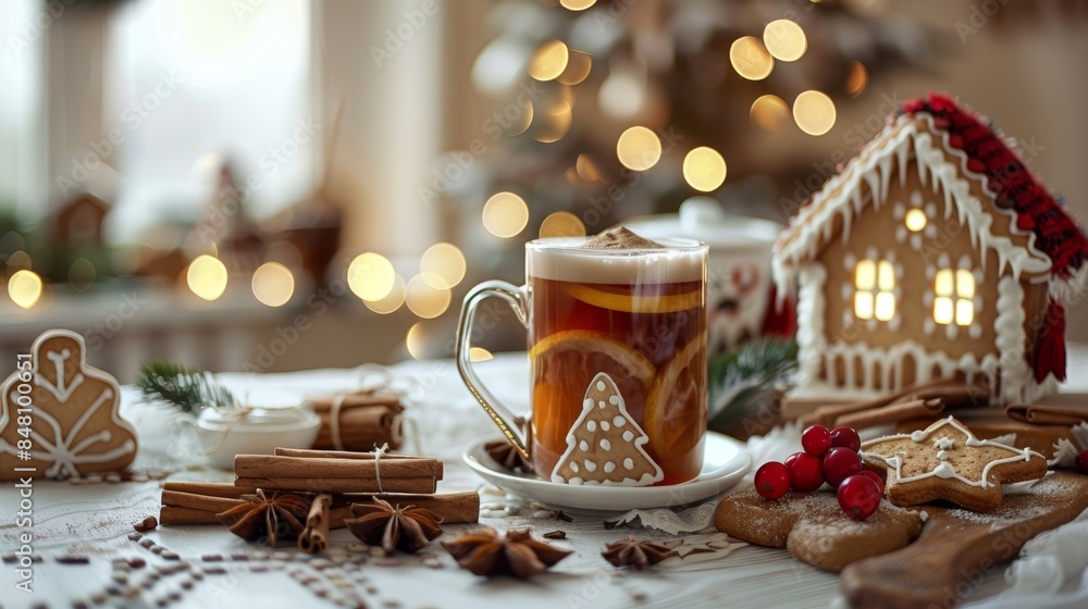 Vibrant still life fresh mulled wine spices on white table with hot drink and gingerbread house Vibrant still life fresh mulled wine spices on white table with hot drink and gingerbread house