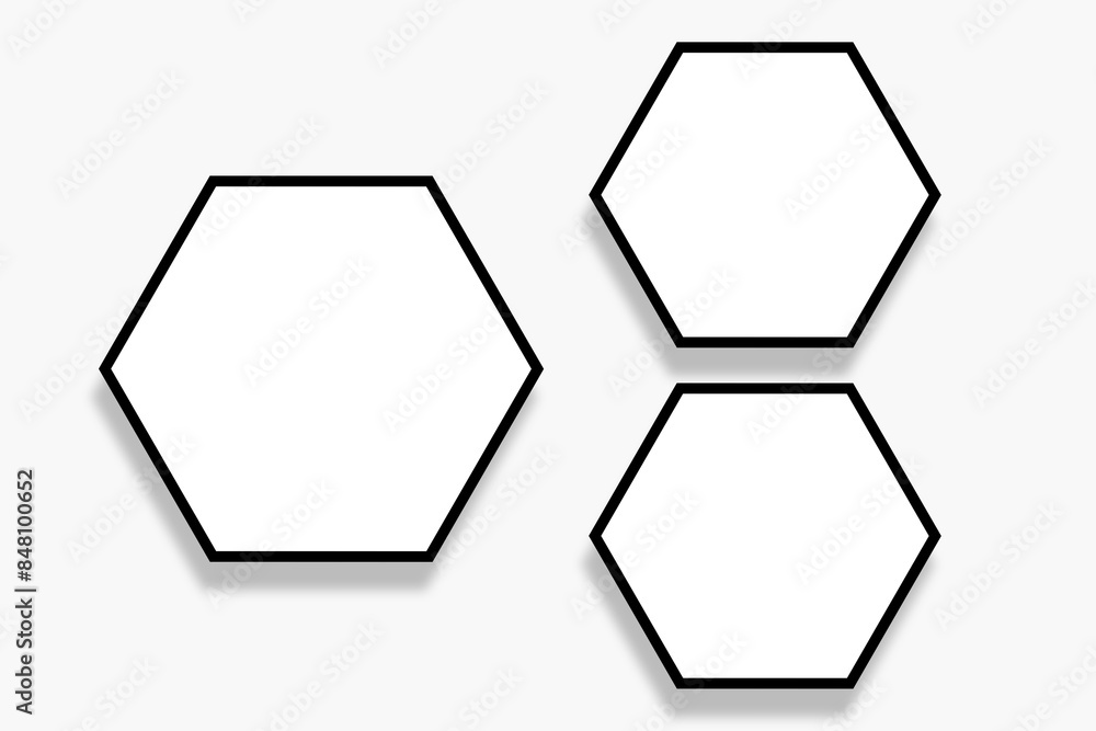 3 Polygon photo frames template of hexagon shapes with a black border in a cool modern layout. Used as a printable photo collage or a blank mock up for album pictures or photographs collection. 3 Polygon photo frames template of hexagon shapes with a black border in a cool modern layout. Used as a printable photo collage or a blank mock up for album pictures or photographs collection.