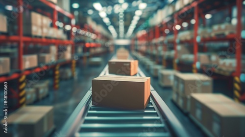 Wallpaper Mural Perspective view warehouse with conveyor belt in foreground shelves with boxes on sides, distribution box industry productivity Torontodigital.ca